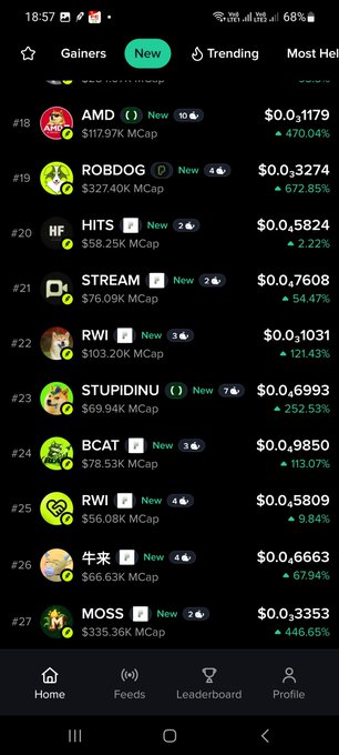 A mobile screenshot of a cryptocurrency tracking app displaying a "New" tab with various newly listed tokens including AMD (#18), ROBDOG (#19), HITS (#20), STREAM (#21), RWI (#22), STUPIDINU (#23), BCAT (#24), RWI (#25), 牛来 (#26), and MOSS (#27), each showing their market cap and percentage gains (some exceeding 600%). The image illustrates the accompanying text by showcasing how the Moby Agent platform continuously updates with 25-35 new screened tokens, allowing users to identify potential investments across various meme coins and crypto projects.