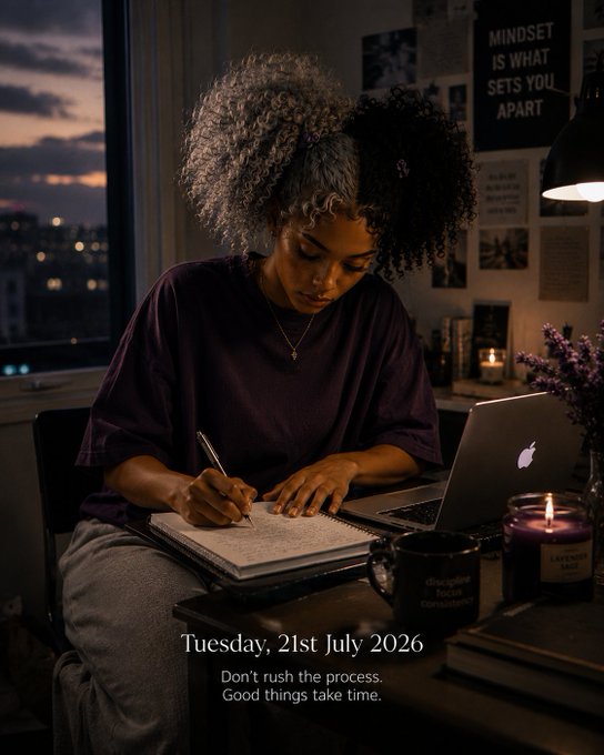 A moody lifestyle photograph of a curly-haired woman writing in a notebook by lamplight with a laptop, captioned 'Tuesday, 21st July 2026 - Don't rush the process. Good things take time.'
