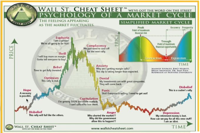 The 'Wall St. Cheat Sheet: Psychology of a Market Cycle' infographic displays a price chart over time with emotional phases like Disbelief, Hope, Optimism, Belief, Thrill, Euphoria, Complacency, Anxiety, Denial, Panic, Capitulation, Anger, Depression, and Disbelief, along with a simplified market cycle diagram.