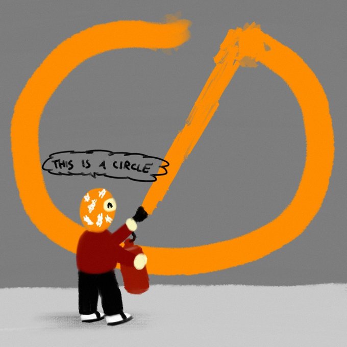 An illustration of a child in a red shirt and mask holding a fire extinguisher and a spray can, with a speech bubble saying 'THIS IS A CIRCLE' next to a large orange circle painted on a gray wall.