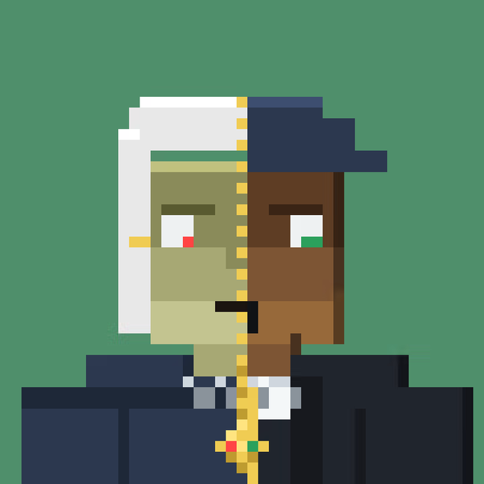 A pixel-art illustration of a split-faced character wearing a suit, white hood, and a gold chain against a green background, symbolizing the user's NFT holdings and earnings from their recent StackersXYZ purchases and fusions.