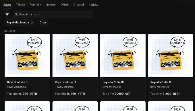 An OpenSea NFT marketplace page filtering for 'Royal Mechanica' items, displaying 38 items with four identical listings titled 'Keys don't die !!!' from Royal Mechanica, all with top offers of 0.009 WETH.