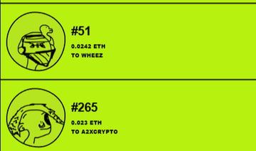 The image shows a vibrant green graphic displaying two numbered entries for new NFT holders: entry #51 features 0.0242 ETH "TO WHEEZ" with an illustrated character, and entry #265 shows 0.023 ETH "TO AZXBGRYPTO" with another illustrated figure, promoting the raresrares.fun platform's latest holder additions.