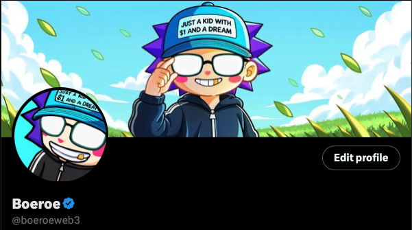 A Twitter/X profile banner for 'Baeroe (@boeroeweb3)' featuring an animated character wearing a cap that reads 'JUST A KID WITH $1 AND A DREAM', with green leaves flying in a blue sky background.