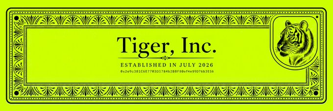 A bright green decorative certificate template for 'Tiger, Inc.' with an ornate border, a tiger illustration in the upper right corner, and the text 'ESTABLISHED IN JULY 2026'.