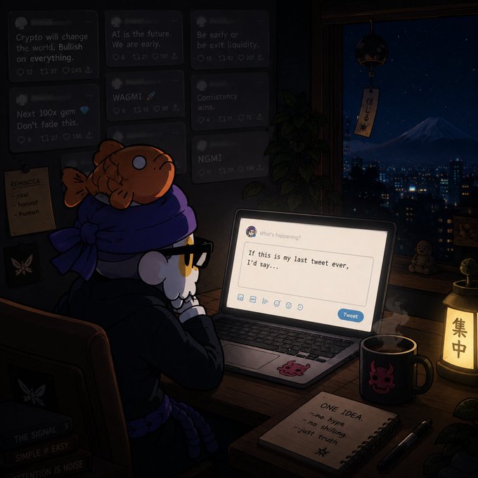 The image features a man sitting at a desk with his laptop open, typing away. He has a fish perched on top of his head as he works. The background shows a city skyline under a dark sky, creating an urban atmosphere. There are also several other elements in the scene that contribute to its overall composition and meaning.