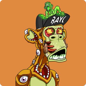 A cartoon illustration of a multi-eyed, multi-mouthed green creature wearing a black baseball cap labeled "BAYC" with a small green zombie-like figure perched on top, set against an orange background.