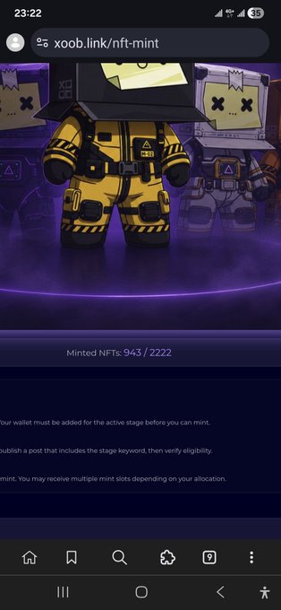 A mobile web browser screenshot from xoob.link/nft-mint showing an NFT minting page with 'Minted NFTs: 943 / 2222' displayed beneath 3D-rendered box-shaped robot characters in yellow and black hazard suits.