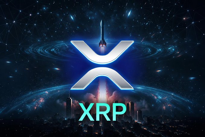 A promotional graphic for XRP, displaying the cryptocurrency's logo against a cosmic background with a rocket launching from a futuristic city.
