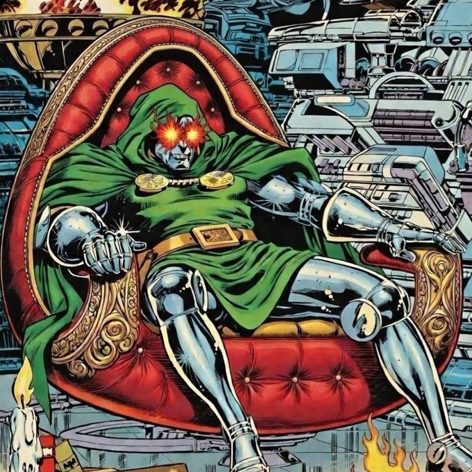 A retro comic book illustration of Doctor Doom in his classic green cloak and silver armor, seated on a red throne amidst fire.