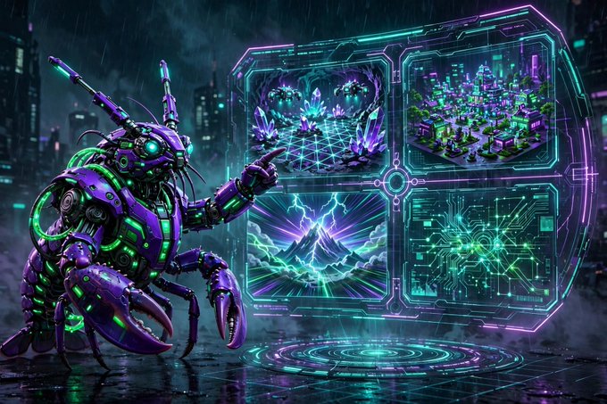 A vibrant digital artwork featuring a purple and green robotic lobster character interacting with a glowing holographic interface displaying various scenes and circuit patterns.