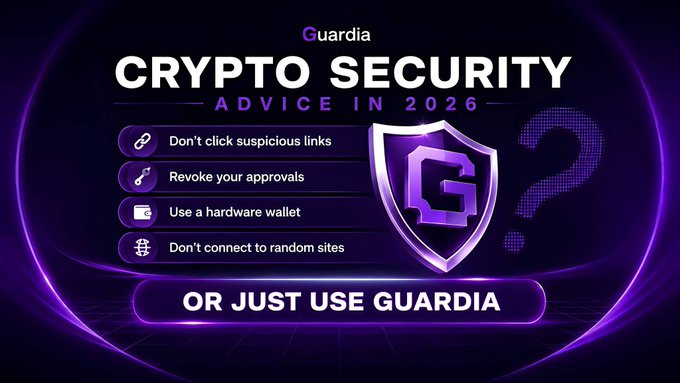 A purple-themed advertisement for 'Guardia' titled 'CRYPTO SECURITY ADVICE IN 2026' lists tips like 'Don't click suspicious links' and 'Use a hardware wallet', ending with 'OR JUST USE GUARDIA'.