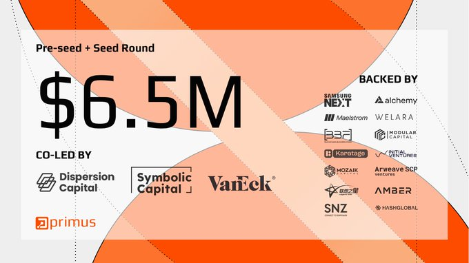 A fundraising slide displays '$6.5M' Pre-seed + Seed Round co-led by Dispersion Capital, Symbolic Capital, VanEck, and Primus, with various backers listed.