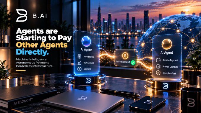A digital advertisement for 'B.AI' displaying the text 'Agents are Starting to Pay Other Agents Directly' over a futuristic cityscape, illustrating an autonomous AI payment system.