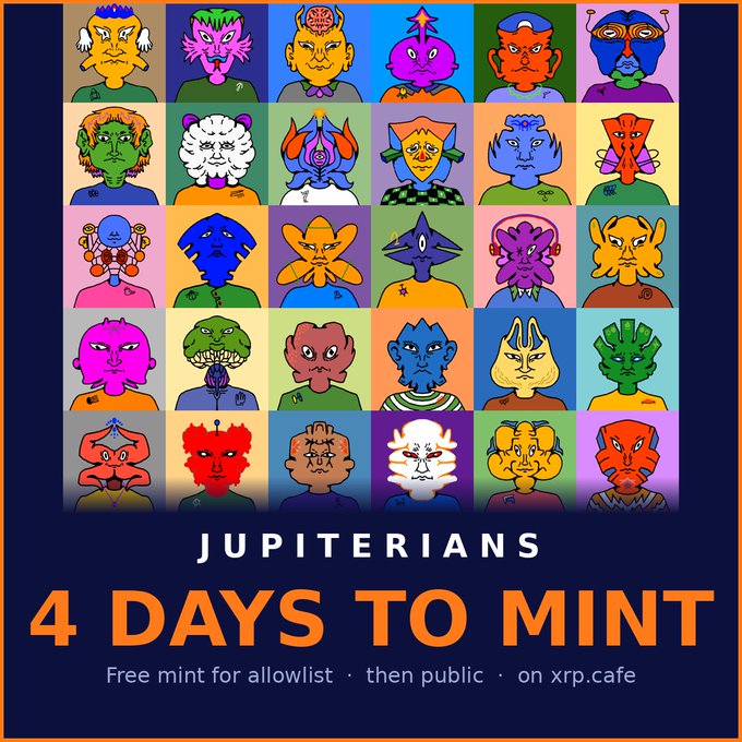 A grid of 30 colorful, stylized alien character portraits above the text 'JUPITERIANS', '4 DAYS TO MINT', and 'Free mint for allowlist · then public · on xrp.cafe'.