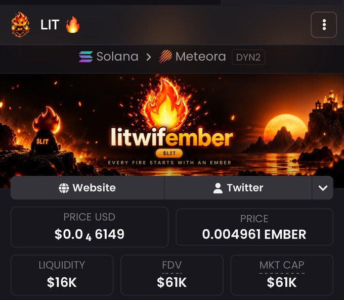 A token page for "LIT" (litwifember) on Solana via Meteora (DYN2), showing a price of $0.046149 USD, 0.004961 EMBER, with $16K liquidity and $61K FDV/Market Cap.