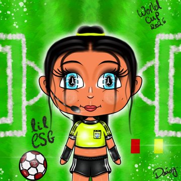 A cartoon "Lil' ESG" soccer character with a headset, drawn by Daisy, stands on a green soccer field with the text "World Cup 2026" and a red/yellow NFT tag visible.
