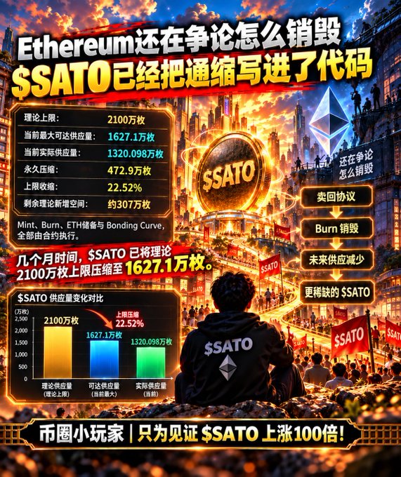 A promotional graphic in Chinese for the cryptocurrency $SATO, contrasting its deflationary model with Ethereum and highlighting its supply reduction mechanism.