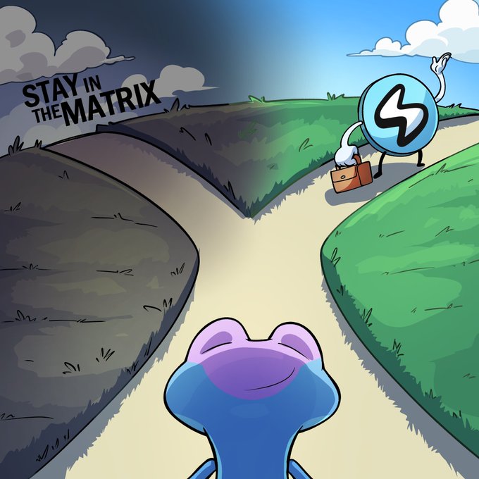 A cartoon illustration featuring a blue frog-like character looking at a fork in the road; one path leads to darkness with the text 'STAY IN THE MATRIX', while the other path leads to a blue coin-like character carrying a briefcase.
