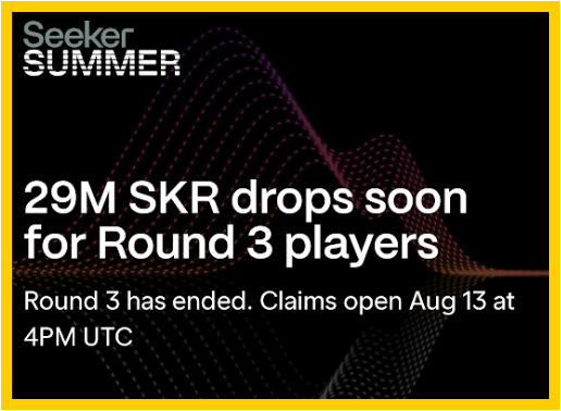 The image is a Seeker Summer announcement graphic featuring a colorful wave pattern on a black background with yellow borders, displaying the text "29M SKR drops soon for Round 3 players" and noting that claims open Aug 13 at 4PM UTC. It visually promotes the upcoming $SKR token distribution of 29 million to Round 3 participants, complementing the post's excitement about the rewards allocation.