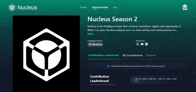 A screenshot of the Nucleus website showing "Nucleus Season 2" with description text about the intelligence layer connecting reputation, capital, and opportunity in Web3, along with a campaign countdown of 35D 17h 3m.
