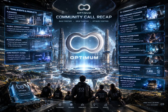 A detailed 'OPTIMUM Community Call Recap' infographic displays categories like Team Events, Community Updates, and Treasure Hunt Event, featuring futuristic city imagery and logos.
