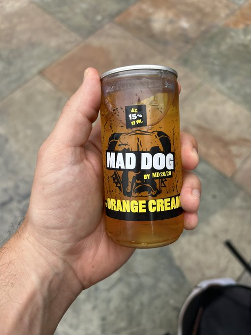 A hand holds up a can of "MAD DOG by MD 2020" orange cream ale (15% alcohol by volume) against a tiled floor backdrop, humorously fitting the "bull market starts literally now" post by celebrating with a high-proof, bull-themed beer.