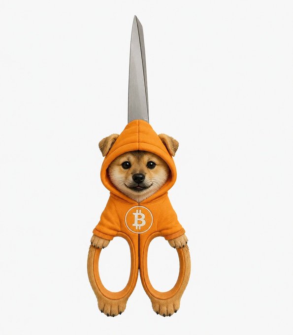 A creative image of a pair of scissors where the handle is designed to look like a Shiba Inu dog wearing an orange hoodie with the Bitcoin logo.