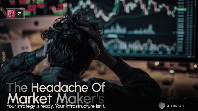 A thumbnail with the title 'The Headache Of Market Maker's' and subtitle 'Your strategy is ready. Your infrastructure isn't,' showing a person with their head in their hands in front of financial trading charts.