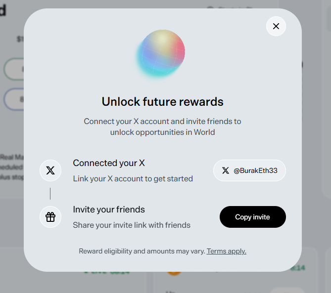 A popup screen from the World app titled 'Unlock future rewards' showing a connected X account (@BurakEth33) and a 'Copy invite' button.