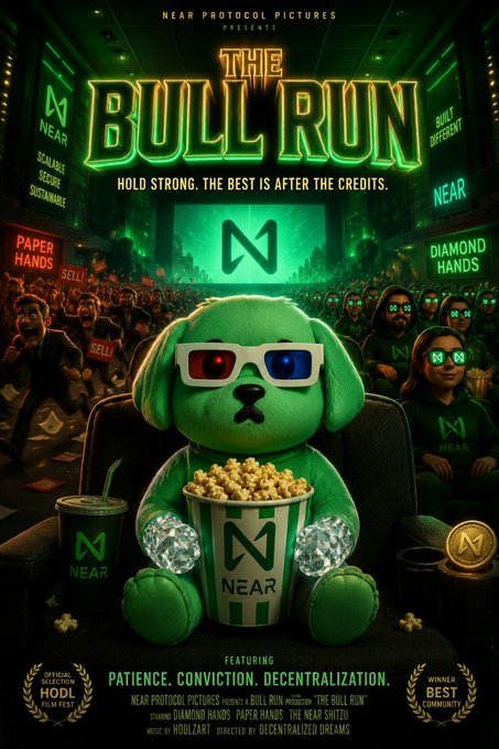 A parody movie poster for "THE BULL RUN" presented by NEAR PROTOCOL PICTURES, featuring a green dog wearing 3D glasses holding popcorn, with NEAR Protocol branding and taglines like "BUILT DIFFERENT" and "HOLD STRONG. THE BEST IS AFTER THE CREDITS."