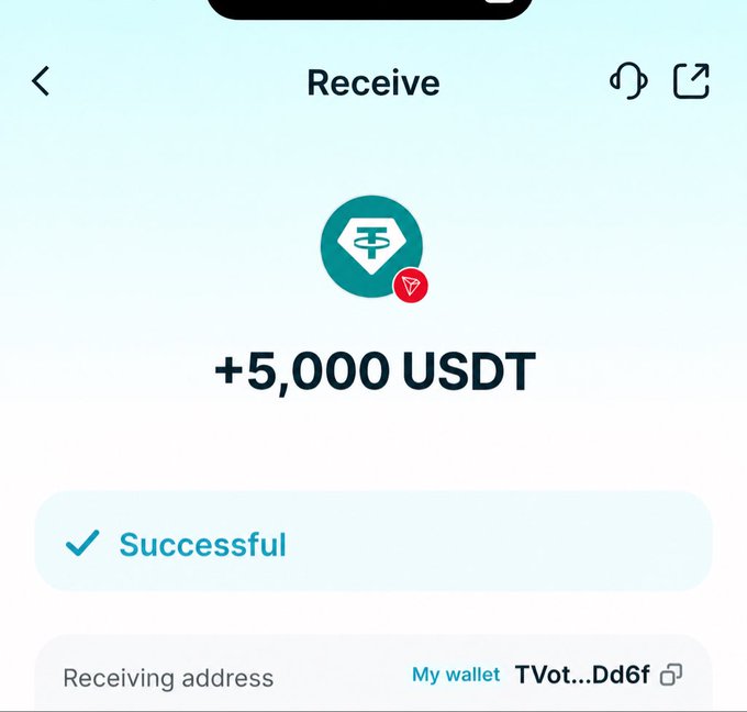 A mobile screenshot of a cryptocurrency transaction showing a successful receipt of '+5,000 USDT' (Tether) to a wallet address starting with 'TVot...Dd6f'.