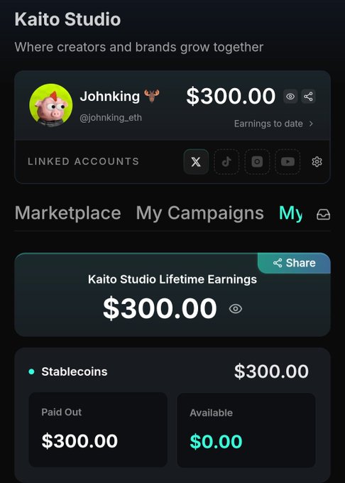 Kaito Studio dashboard showing user Johnking_eth with $300.00 in lifetime earnings, with all funds in Stablecoins and $0.00 remaining available.