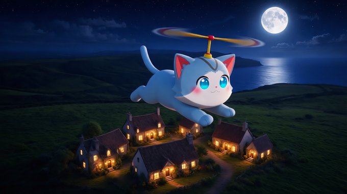 A giant flying blue-and-white kitten with a helicopter propeller on its head soars above a moonlit coastal village of warmly lit cottages, evoking the playful "stay high, fly" spirit of the $Wen token.