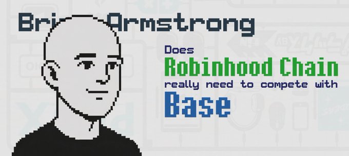 A video thumbnail showing a stylized black-and-white illustration of a bald man with the text 'Brian Armstrong' and 'Does Robinhood Chain really need to compete with Base' against a faded background of app icons.