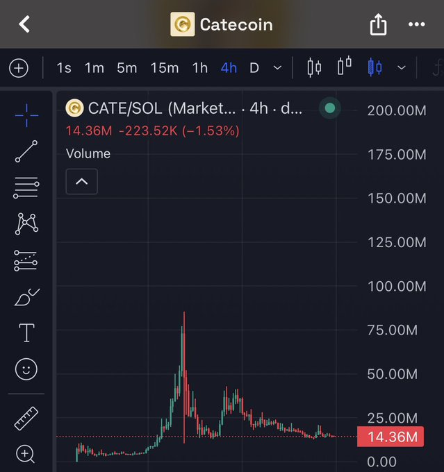 The image shows a TradingView chart of Catecoin (CATE/SOL) on a 4-hour timeframe, displaying volume of 14.36M with a 1.53% decline. Despite the recent dip, the poster expresses continued bullish sentiment, emphasizing their long-term conviction in CATE regardless of short-term price pressure.