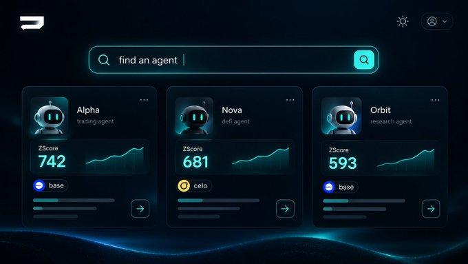 A dark-themed dashboard interface titled 'find an agent' showing three AI agent cards: Alpha (trading agent, ZScore 742), Nova (defi agent, ZScore 681), and Orbit (research agent, ZScore 593).