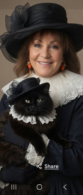 A portrait of a smiling woman wearing a black hat and lace collar, holding a black cat dressed in matching attire with a small black hat and white lace collar.