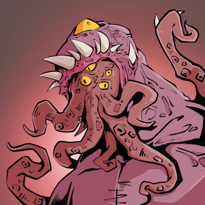 An illustration of a purple, tentacled eldritch creature with multiple yellow eyes and white spikes on its head.
