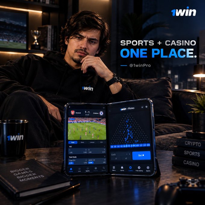 A man in a black "1win" hoodie sits on a dark couch looking at two devices showing sports betting (Arsenal vs Chelsea 1-1) and Plinko casino games, with the ad text "SPORTS + CASINO ONE PLACE. — @1winPro" prominently displayed.