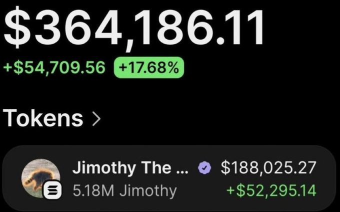 A screenshot displays a portfolio showing $364,186.11 (+$54,709.56, +17.68%), with the top token "Jimothy The..." holding 5.18M JIMOTHY valued at $188,025.27 (+$52,295.14), visually supporting the claim of turning $360 into $360,000 on $JIMOTHY.
