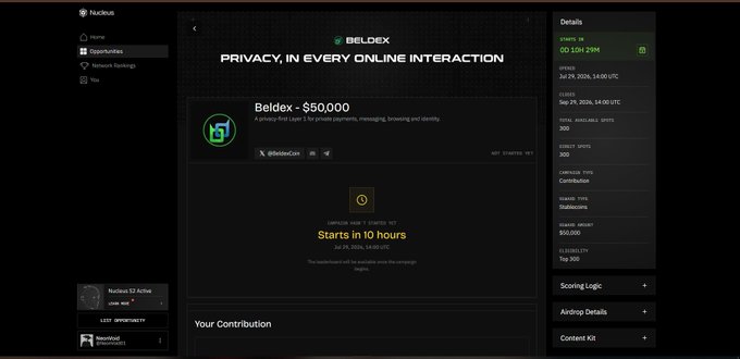 A screenshot of a Nuculus dashboard showing a 'Beldex' airdrop campaign for $50,000, with a 'Starts in 10 hours' timer and a 'GO JOIN NOW' call to action.