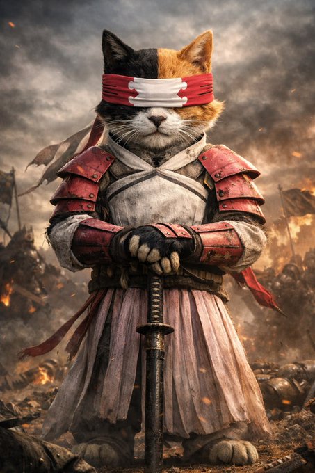 A battle-scarred cat warrior in samurai armor stands stoically with a katana on a fiery battlefield, blindfolded by a red and white headband—embodying the resilience and unwavering conviction required to "HODL" through market chaos.