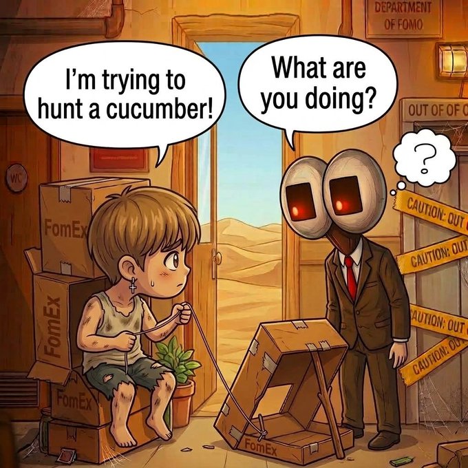 A cartoon illustration showing a dirty child sitting on boxes labeled 'FomEx' saying 'I'm trying to hunt a cucumber!' to a man in a suit with megaphones for a head who asks 'What are you doing?'.