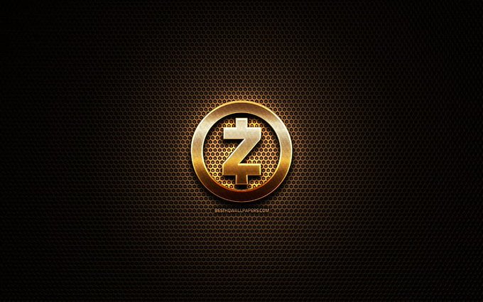 A gold Zcash (ZEC) cryptocurrency coin logo displayed on a dark textured honeycomb-patterned background.