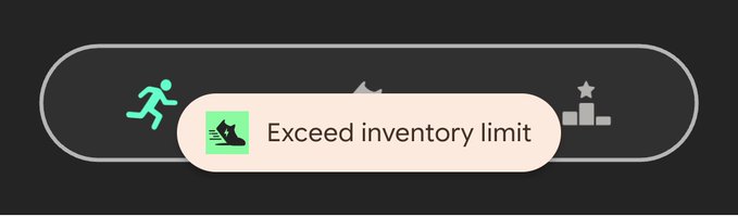 A notification message displays 'Exceed inventory limit' with a green icon, set against a dark interface with navigation symbols including a running figure and a star-topped podium.