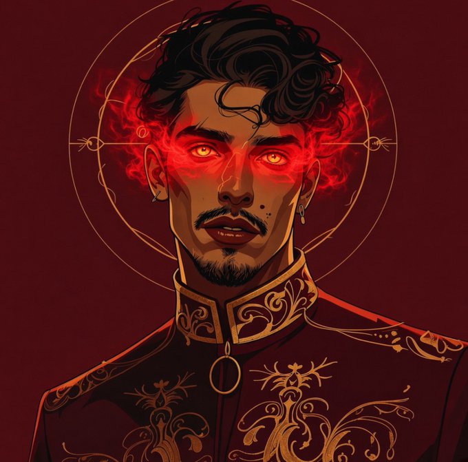 A stylized digital illustration of a dark-haired man with glowing red eyes wearing an ornate dark red and gold embroidered outfit against a dark red background.