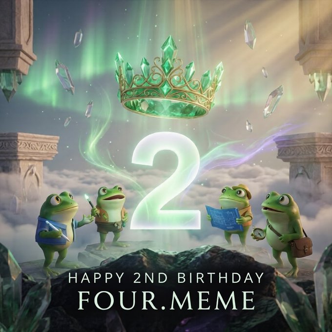 A celebratory graphic with frogs, a green crystal crown, and the text 'HAPPY 2ND BIRTHDAY FOUR.MEME' alongside a large number 2.