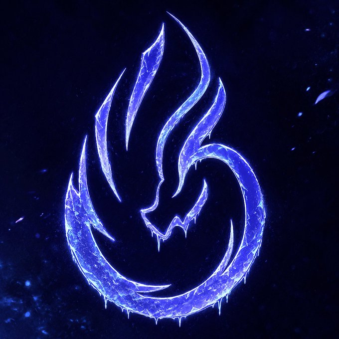A glowing blue flame-like emblem with frosty, icy tendrils and a cat silhouette at its center is set against a dark cosmic background, matching the frost-themed Discord logo for the upcoming idle game *OtherPets Journeys: The Frosted Catacombs*. The design's icy blue tones and feline imagery align with the game's "Frosted Catacombs" theme, capturing the chilling, magical atmosphere of the release.