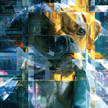 The image features a collage of various images, including a dog's face that has been cut up into many small pieces and rearranged to create an abstract art piece. The dog appears to be wearing a green shirt with white stripes on its chest area. The background is filled with different shapes and colors, creating a visually interesting composition. The image also includes the text "Happy Friday" and "All in Pug", which may provide context or information about the artwork's inspiration or creator.